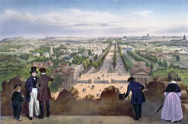 A Champs-Elysees általános képe, a Diadalív tetejéről, illusztráció a „Promenades dans Paris et ses environs”-ból, 1840 körül
